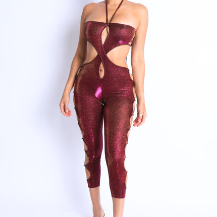Glittery Cutout Halter Neck Keyhole Sexy Party Jumpsuit FUCHSIA/GOLD