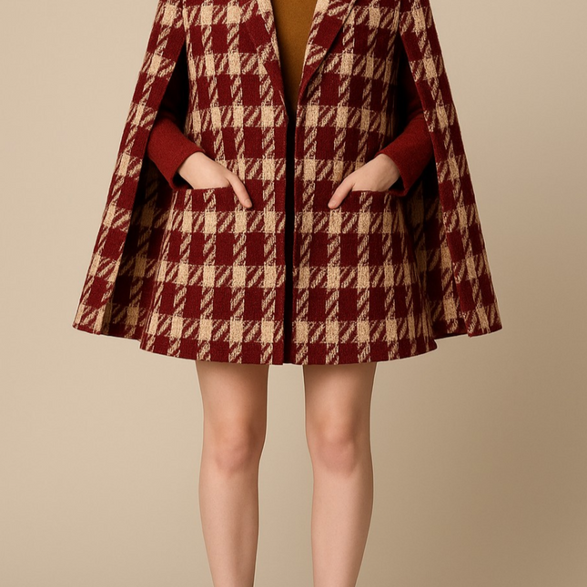 Houndstooth Woolen Cape Coat & Shorts – Elegant & Fashionable Set