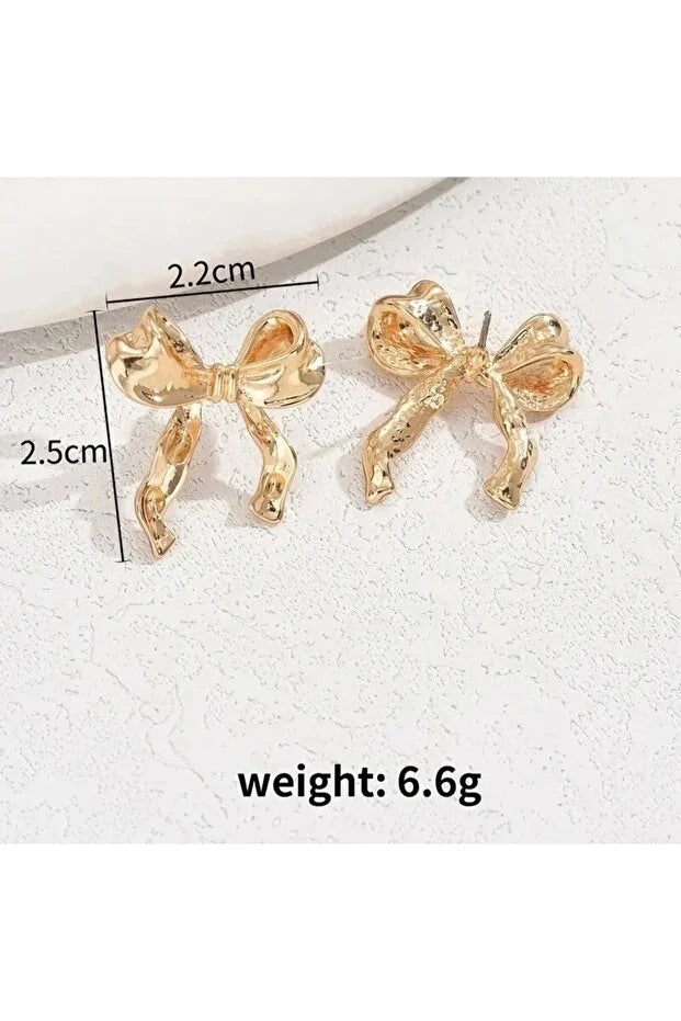 Gold Small Bow Drop Earrings for Women Elegant Delicate Jewelry
