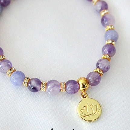 Rose Quartz – Amethyst Elastic Bracelet | 24K Lotus Flower Charm