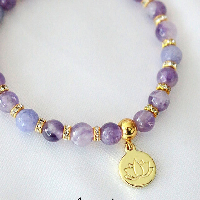 Rose Quartz – Amethyst Elastic Bracelet | 24K Lotus Flower Charm