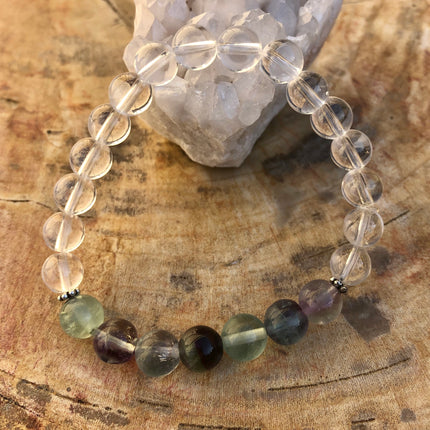 Rainbow Fluorite & Crystal Quartz Stretch Bracelet! Natural Gemstones!