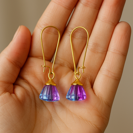 Handmade Earrings with Blue-Magenta Pendant, 18K Gold-Plated Tassels