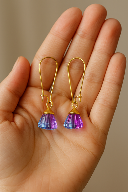 Handmade Earrings with Blue-Magenta Pendant, 18K Gold-Plated Tassels