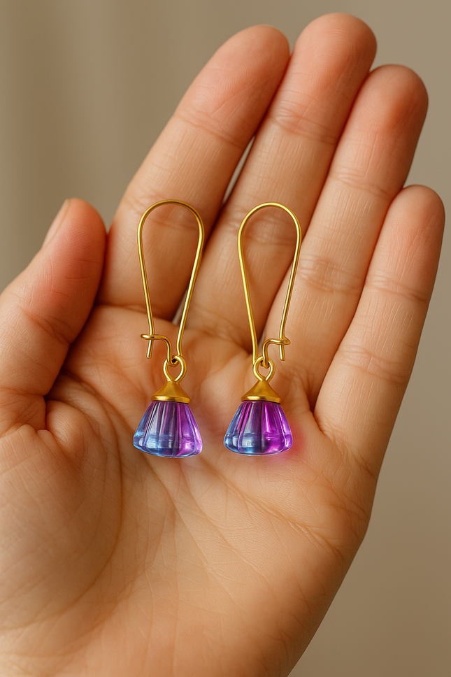 Handmade Earrings with Blue-Magenta Pendant, 18K Gold-Plated Tassels