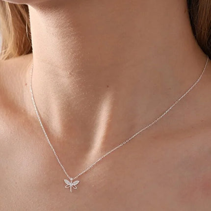 925 Sterling Silver Minimal Dragonfly Necklace with White Zircon Stone