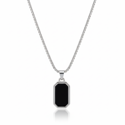 Stainless Steel Black Stone Rectangular Pendant Chain