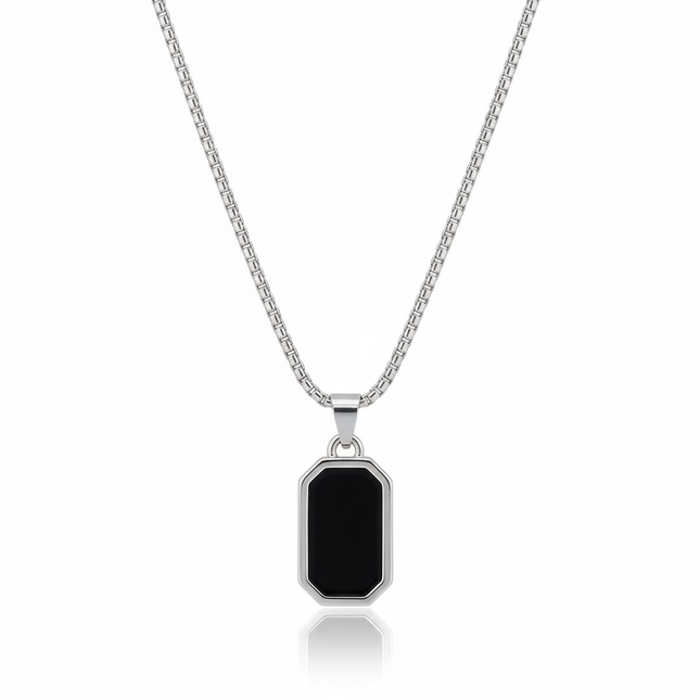 Stainless Steel Black Stone Rectangular Pendant Chain