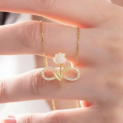 925 Sterling Silver Gold Plated White Rose Infinity Necklace Zircon