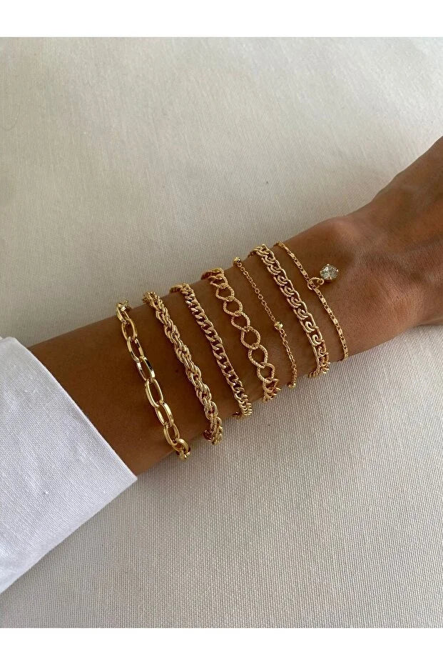 Crystal Stone Bracelet Set Seven Piece Layered Adjustable Jewelry