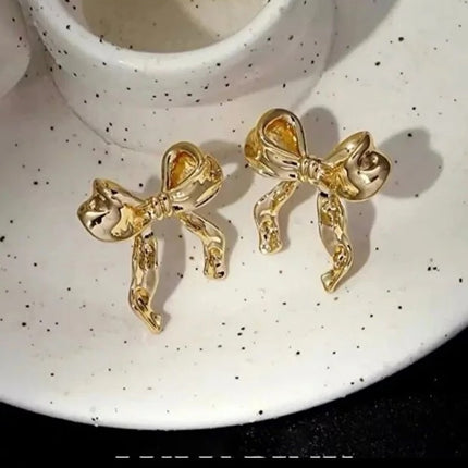 Gold Small Bow Drop Earrings for Women Elegant Delicate Jewelry