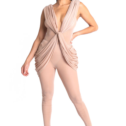 Sexy Sleeveless Lightweight Draped Mesh Jumpsuit Party Clubwear NUDE