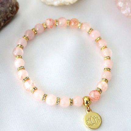 Rose Quartz – Amethyst Elastic Bracelet | 24K Lotus Flower Charm