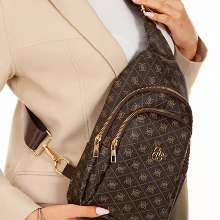 Women’s Brown Leather Monogram Crossbody Belt Chest and Shoulder Bag