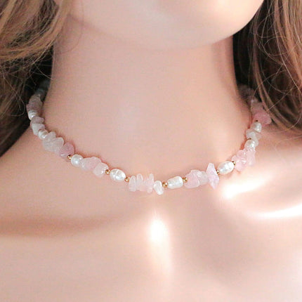 Natural Rose Quartz Crystal & Freshwater Pearls Choker