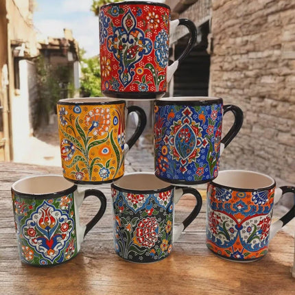 Set of 6 Handmade Ceramic Ethnic Mugs for Cultural Home Decor