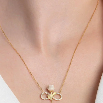 925 Sterling Silver Gold Plated White Rose Infinity Necklace Zircon