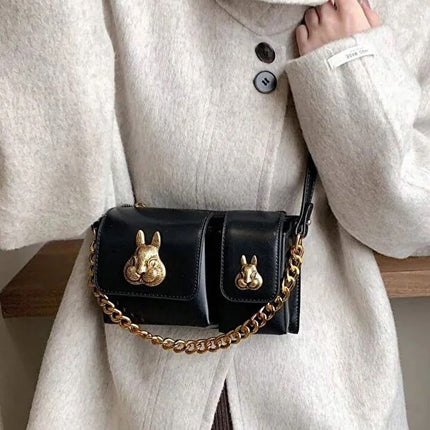 Women black baguette bag squirrel accessory design elegant shoulder