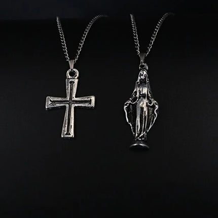 2 Piece Cross and Virgin Mary Necklace Set Men Religious Style Jewelry