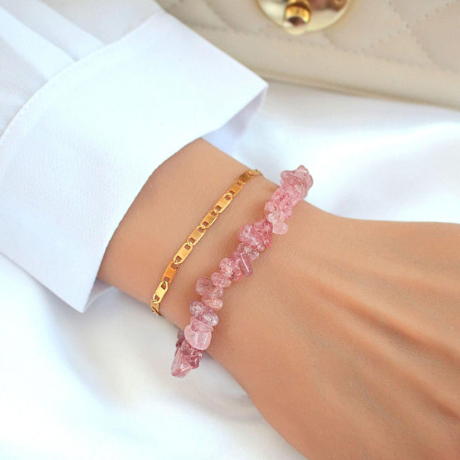 Strawberry Quartz & 24 Karats Double-Layered Bracelet