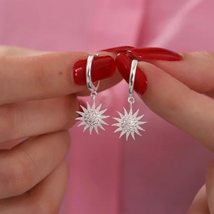 Silver Plated Sun Earrings with White Zircon Stone