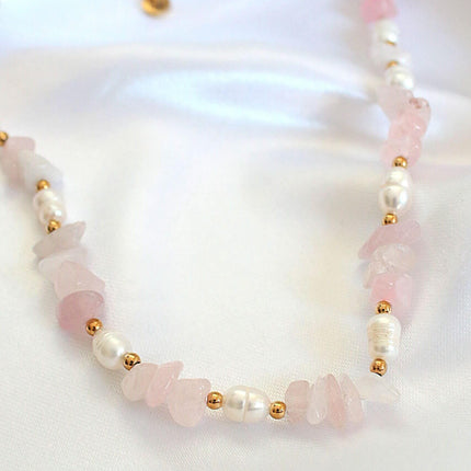 Natural Rose Quartz Crystal & Freshwater Pearls Choker
