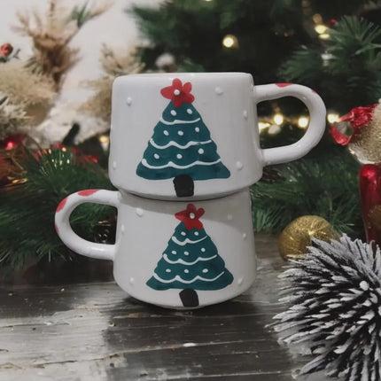 Handmade Ceramic Mug Set with Pine Tree Design for Nature Lovers