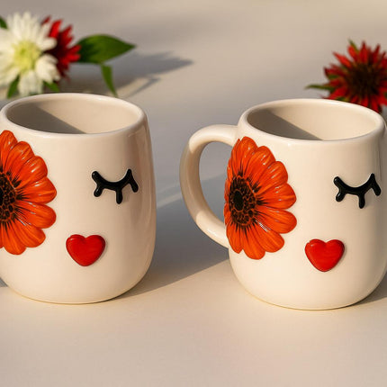 Set of 2 Embossed Flower Face Mugs 400ml for Unique Coffee Experience