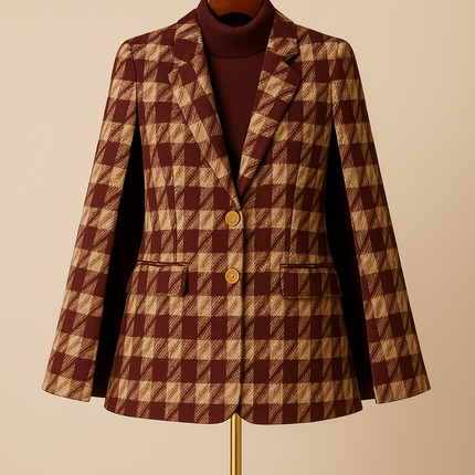 Houndstooth Woolen Cape Coat & Shorts – Elegant & Fashionable Set
