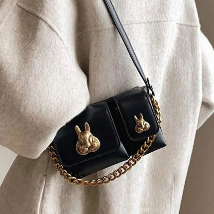 Women black baguette bag squirrel accessory design elegant shoulder