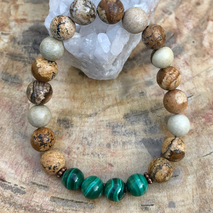 Genuine Malachite & Picture Jasper Stretch Bracelet! Rare Gemstone!