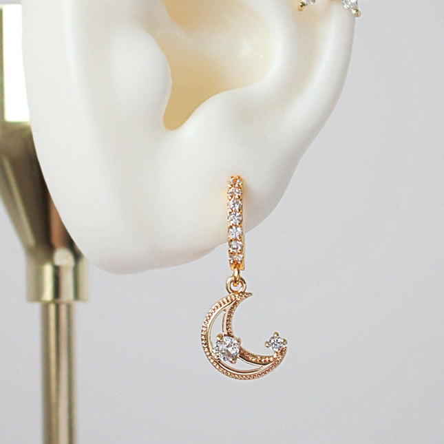 24 Karats Gold Cubic Zirconia Moon Hoop Earrings