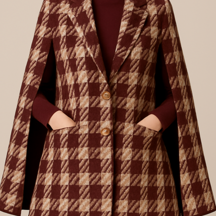 Houndstooth Woolen Cape Coat & Shorts – Elegant & Fashionable Set
