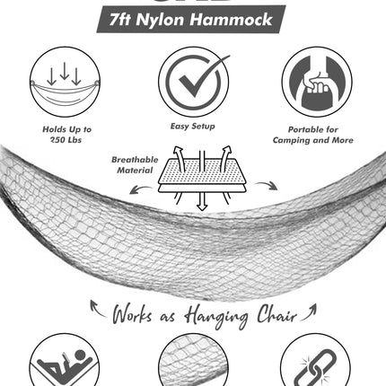 7ft Nylon Hammock - Portable and Easy to Set Up - Holds up to 220LBs