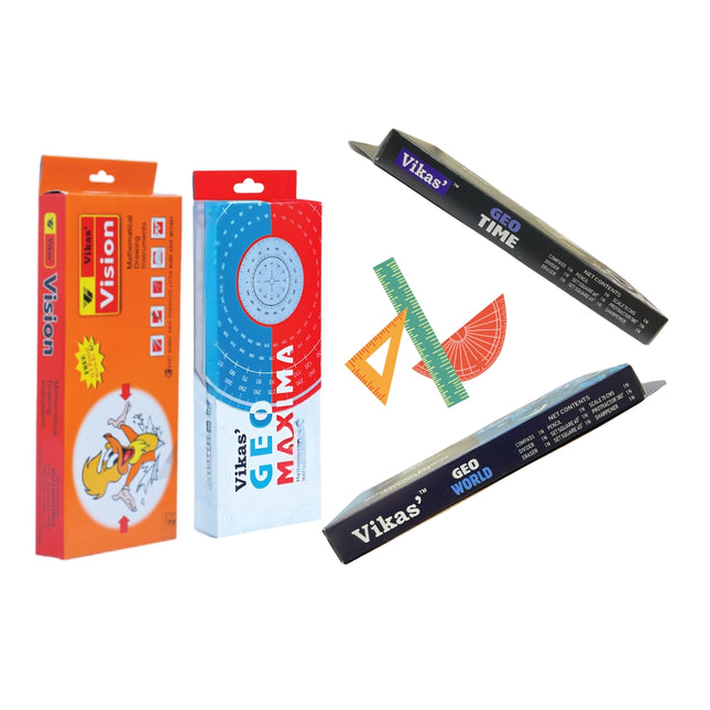 Vikas Geometry Set Combo – Geo Maxima, Geo Time, Geo World & Vision