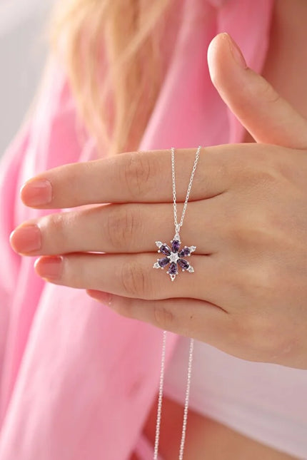 925 Sterling Silver Lotus Camellia with Amethyst Teardrop Stone