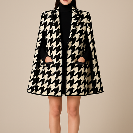 Houndstooth Woolen Cape Coat & Shorts – Elegant & Fashionable Set