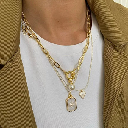 Pole Star Pearl Enamel Necklace Set Three Piece Layered Jewelry