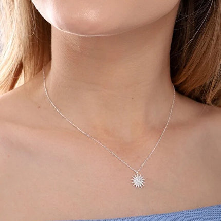 925 Sterling Silver Sun Pendant Necklace with White Zircon Stone