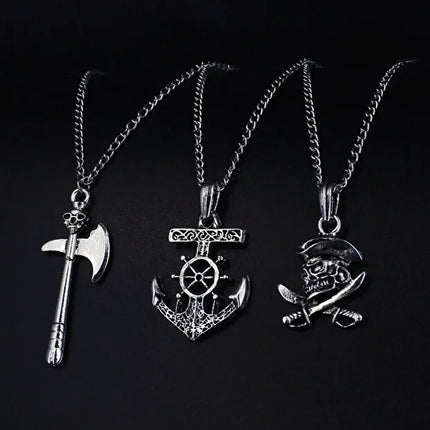 3 Piece Pirate Sword Anchor Skull Pendant Necklace Set Men