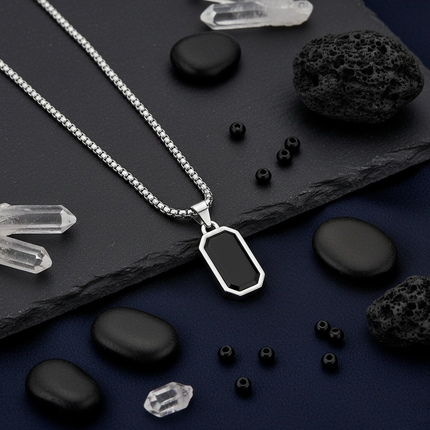 Stainless Steel Black Stone Rectangular Pendant Chain