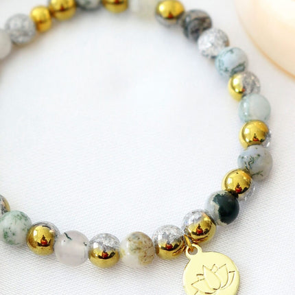 Mossy Agate Elastic Bracelet | 24K Lotus Flower Charm