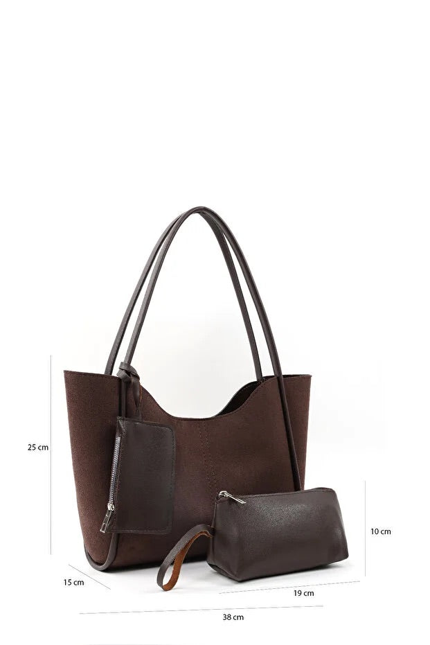 Brown suede SHK108 women hand and shoulder bag with wallet and makeup