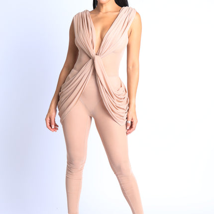 Sexy Sleeveless Lightweight Draped Mesh Jumpsuit Party Clubwear NUDE