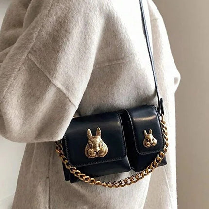 Women black baguette bag squirrel accessory design elegant shoulder