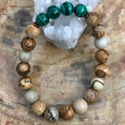 Genuine Malachite & Picture Jasper Stretch Bracelet! Rare Gemstone!