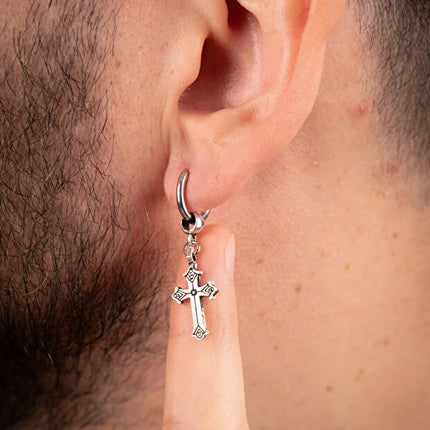 Men Stainless Steel Cross Dangle Hoop Earring Durable Modern Design