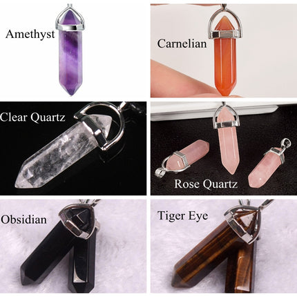 Hexagonal Column Tumbled Gemstone Spiral Wrapped Pendant Necklace
