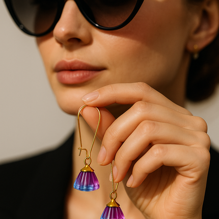 Handmade Earrings with Blue-Magenta Pendant, 18K Gold-Plated Tassels