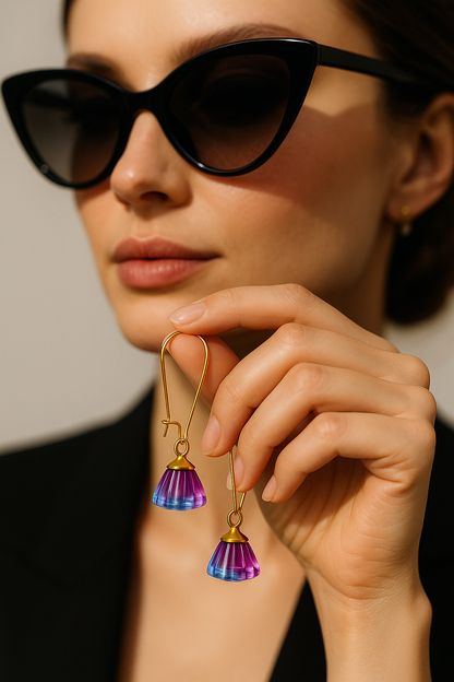 Handmade Earrings with Blue-Magenta Pendant, 18K Gold-Plated Tassels